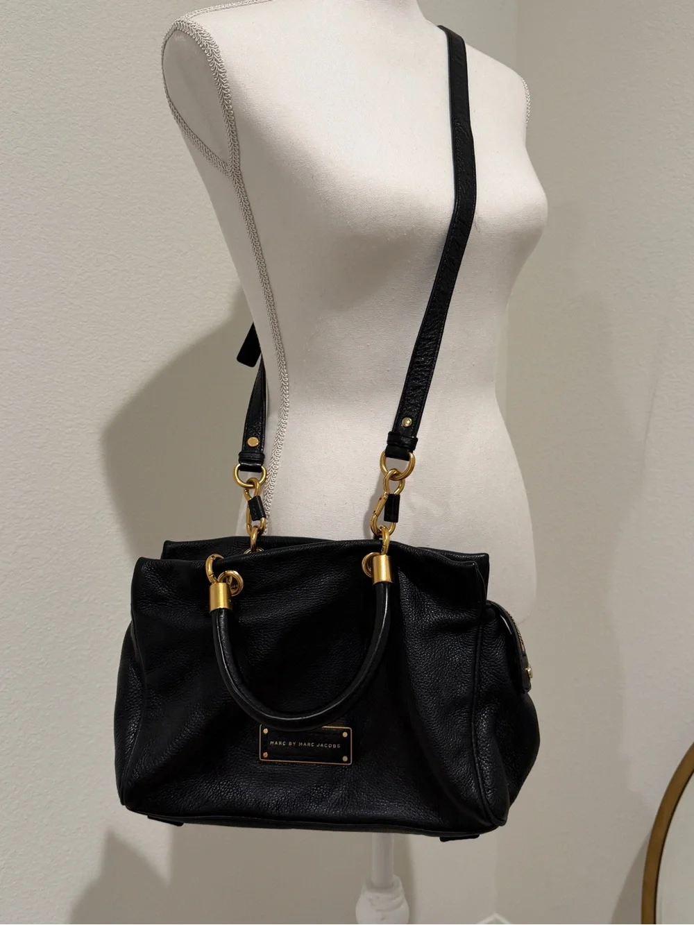 Marc by Marc Jacobs Black Leather Satchel with Gold Hardware Accents